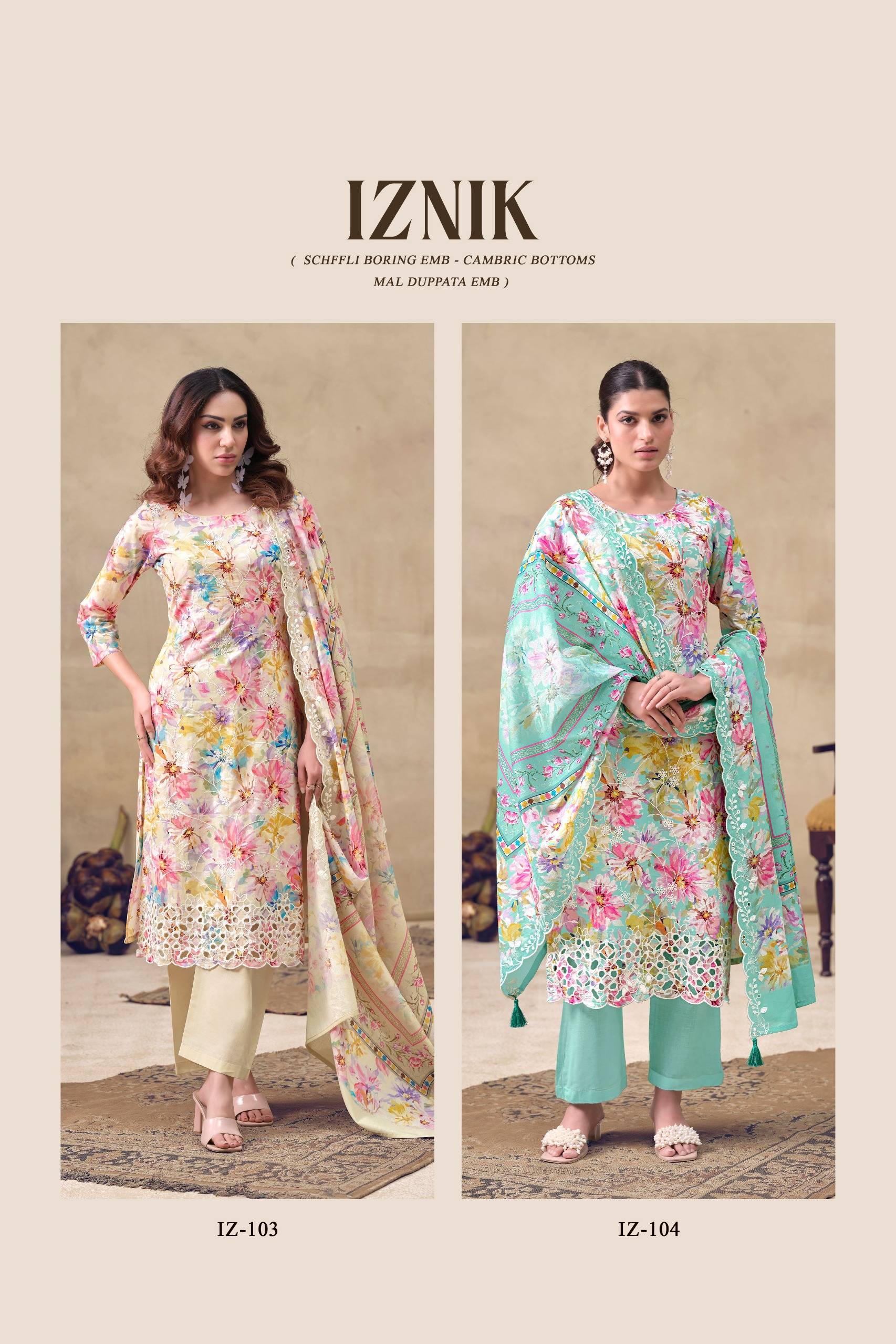 IZNIK by THE HERMITAGE SHOP  101 TO 104 SERIES Pakistani Stylish Embroidered cotton lawn COLLECTION At Wholesale Price